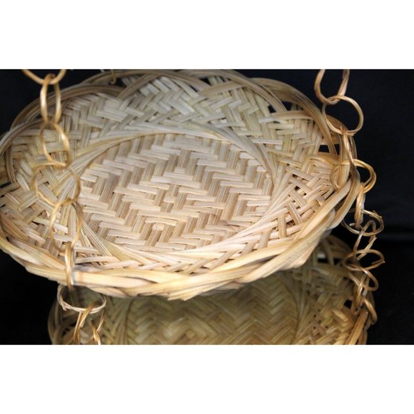 Vtg Boho Tan Beige Woven Bamboo 3 Tiered 19" Hanging Fruit Kitchen Plate Basket - Picture 10 of 11